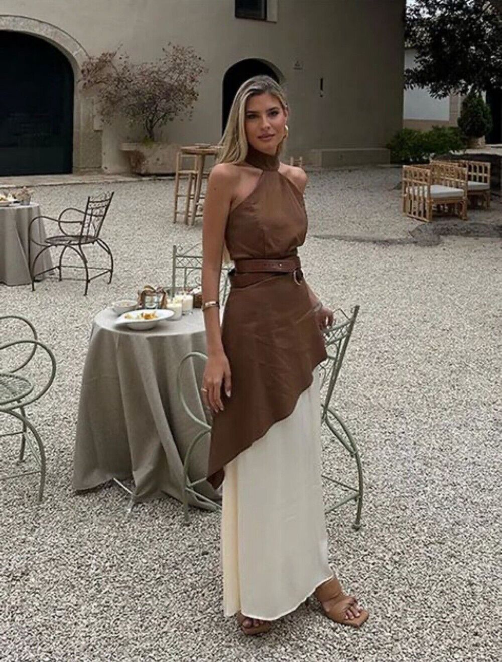 NWT IQ Collection Brown Cream Layered Halter Neck Sleeveless Dress XL